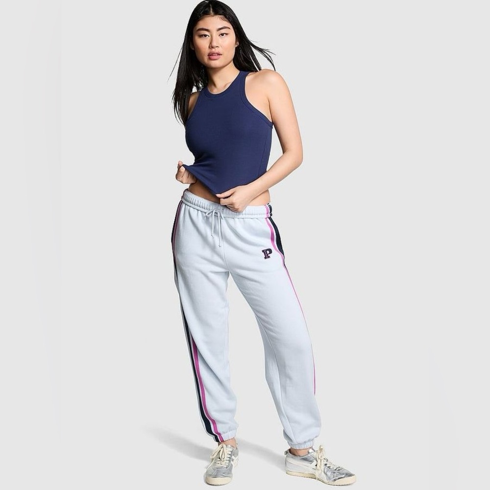 PINK Victoria's Secret Grey Ivy Campus Sweatpants with Pink and Blue Accents